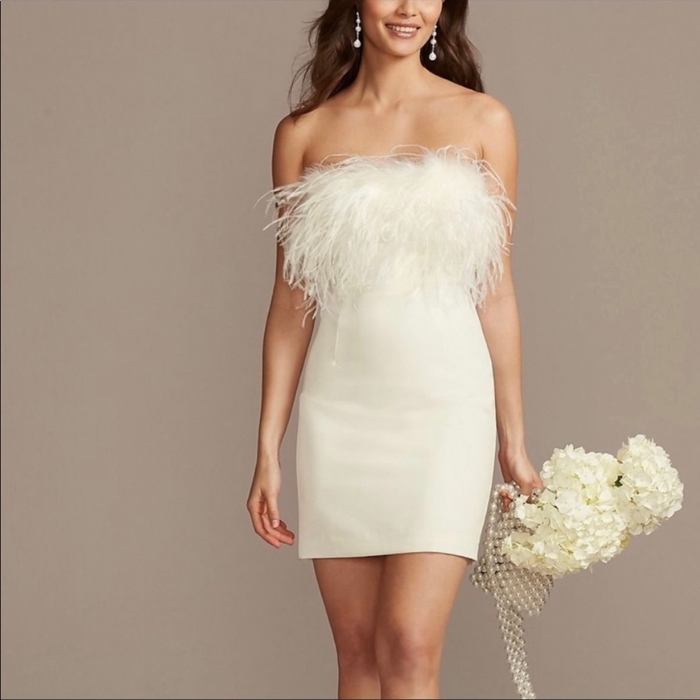 DB studio David’s Bridal White feather crepe dress